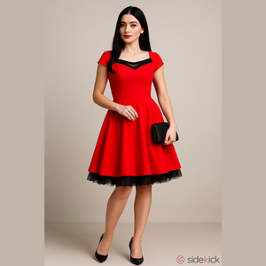 Hearts & Roses Red Black Tea Length Dress 50s VTG Rockabilly Style US 8 Retro